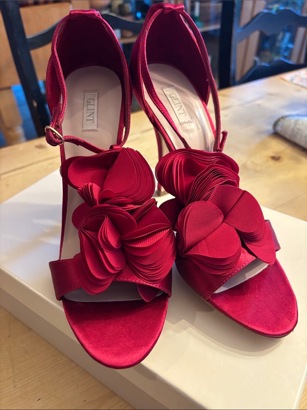 Stunning Glint Red Floral Satin Open-Toe Heels with Ankle Strap